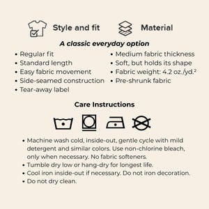 May include: Informative graphic with text detailing a garment's style, fit, and material. Features include regular fit, standard length, and medium fabric thickness. Care instructions are also provided, including machine wash cold and tumble dry low.