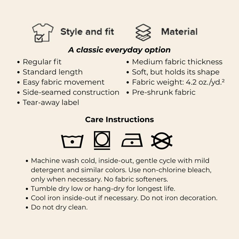 May include: Informative graphic with text detailing a garment's style, fit, and material. Features include regular fit, standard length, and medium fabric thickness. Care instructions are also provided, including machine wash cold and tumble dry low.