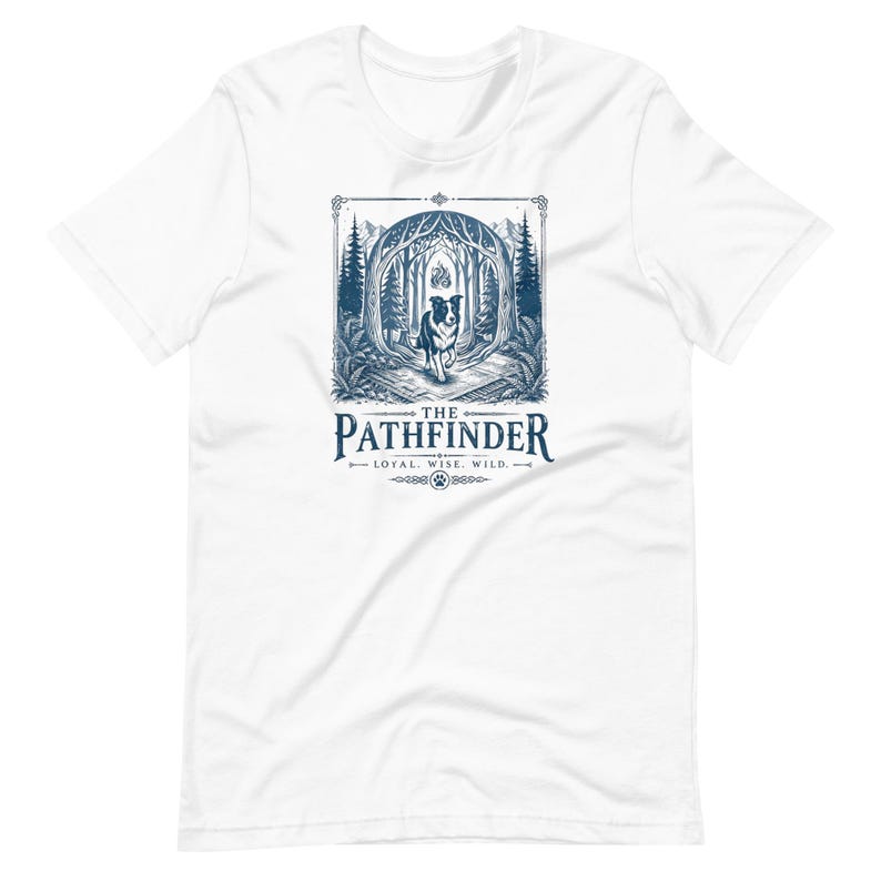 Border Collie T-Shirt | The Pathfinder | Linocut-style Graphic | Forestcore Art | Gift for Dog Lovers