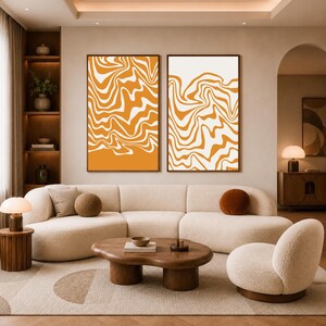 Orange Abstract Line Art Poster Set of 2 | Mid Century Modern Wall Art | Retro Pattern Printable | Burnt Orange Living Room Decor | Download