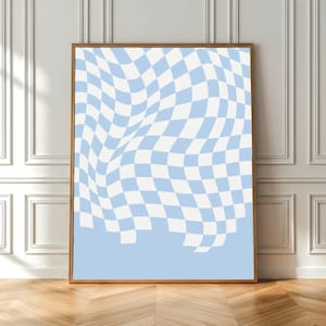 Wavy Check Poster | Ice Blue & Off White | Flow Grid | Distorted Check | Minimal Wall Art Printable | Modern Retro Home Decor | Download PDF