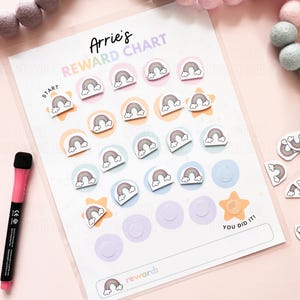 May include: A laminated reward chart titled Arrie's Reward Chart with pastel circles and stars. It features rainbow stickers, a start point, and a You Did It section. A black dry-erase marker with a pink cap is positioned to the left of the chart.