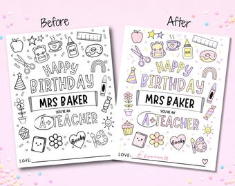 Teacher Birthday Coloring Card Printable, Personalized Happy Birthday Teacher Gift from Student, Kids Colorable Page, Instant PDF