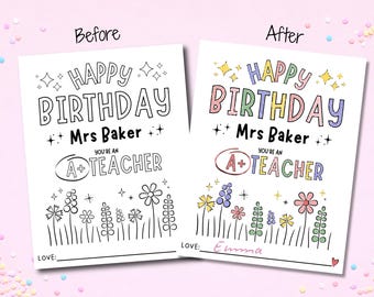 Personalized Teacher Birthday Card from Student, Custom Name Coloring Page, Happy Birthday Teacher Gift, Classroom Keepsake, Printable PDF