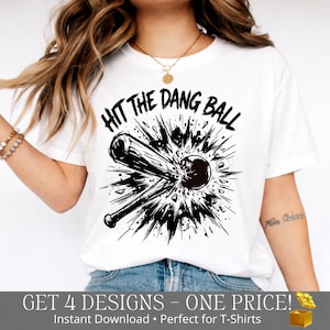 May include: White t-shirt with the text "HIT THE DANG BALL" above a black and white graphic of a baseball bat hitting a ball. The shirt is paired with blue jeans.