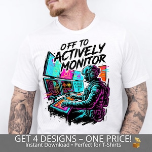 May include: White t-shirt featuring a graphic of a person in a military uniform operating computer monitors with radar displays. The text "OFF TO ACTIVELY MONITOR" is above the figure. The phrase "PLEASE STAND BY" is also visible.