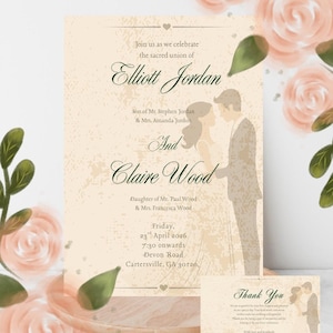 May include: Wedding invitation with a vintage design. The invitation features the names "Elliott Jordan" and "Claire Wood" with event details. A matching thank you card is also included, along with watercolor roses and greenery.