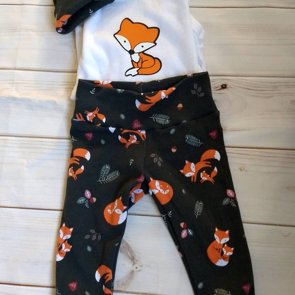 Fox print leggings with matching top knot hat and shirt