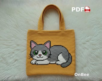 Crochet Cat Tote Bag Pattern, Tapestry Crochet Kitten Purse (PDF Download)