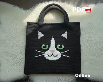 Crochet black cat bag Pattern: Intarsia Tote (PDF Pattern)