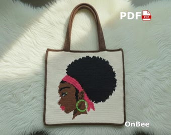 Afro Woman Crochet Tote Bag, Handmade Black Girl Art Bag, African Inspired Purse, Unique Boho Shoulder Bag, Statement Gift