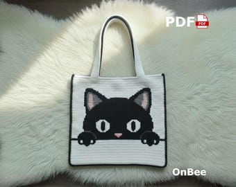 Black Cat Crochet Tote Bag Pattern – Peeking Kawaii Cat Design (PDF Download)