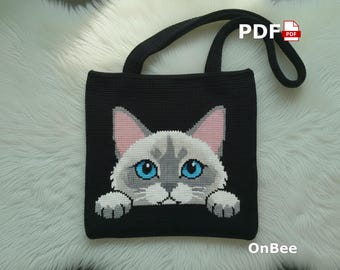 Siamese Cat Crochet Tote Bag Pattern, Peeking Kitty Design (PDF)