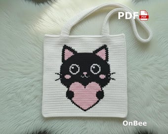 Black Cat Crochet Tote Bag Pattern, Kawaii Heart Animal Tapestry (PDF Download)