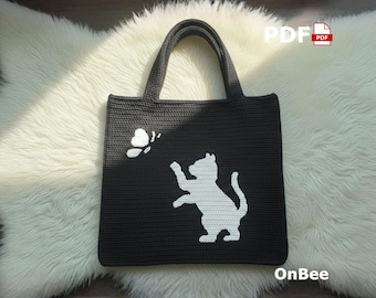 Cat and Butterfly Crochet Tote Bag Pattern, Tapestry Colorwork (PDF Download)