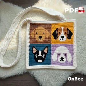 May include: A square, off-white crochet tote bag featuring four dog faces in separate squares. The dogs are a golden retriever, beagle, French bulldog, and poodle. The bag has a long, off-white strap and the text "PDF" and "OnBee".