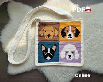 Patchwork Dog Crochet Bag Pattern, Tapestry Puppy Tote PDF (Digital Download)