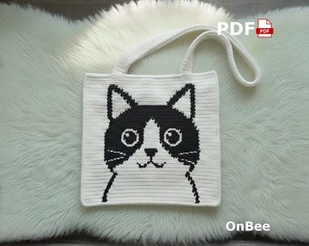 Tuxedo Cat Crochet Bag Pattern, Intarsia Tote PDF, Handmade Accessory (Digital Download)