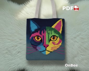 Colorful Cat Crochet Tote Bag – Handmade Artistic Shoulder Bag