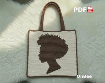 Afro Woman Crochet Tote Bag Pattern, Minimalist Black Silhouette Purse PDF, Tapestry Crochet Bag, African Inspired Handmade Design