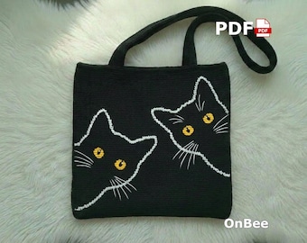 Black Cat Crochet Tote Bag Pattern, Cute Cat Face Purse PDF, Tapestry Crochet Bag, Cat Lover Gift, Handmade Animal Bag Design