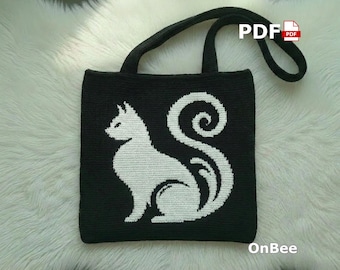 White Cat Crochet Tote Bag Pattern, Minimalist Gothic Animal Purse (Digital Download)