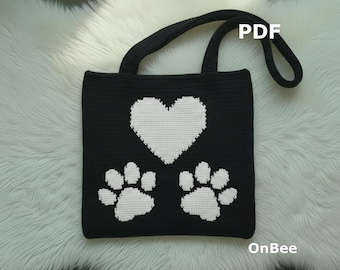 Crochet Tote Bag Pattern, Paw Heart Tapestry, Pet Lover Bag (PDF Download)