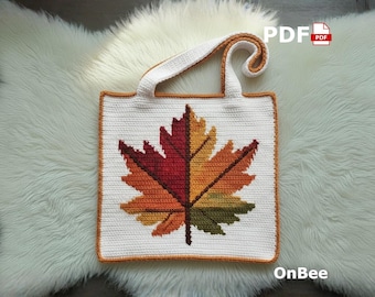Autumn Leaf Crochet Bag Pattern, Tapestry Tote Bag PDF, Fall Maple Design (Digital Download)
