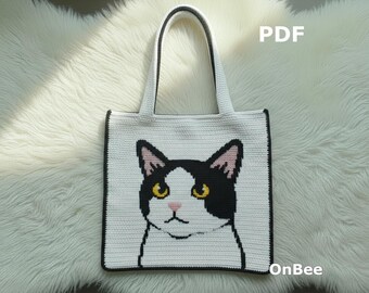 Black and White Cat Crochet Tote Bag Pattern, Minimalist Animal Shoulder Bag (PDF Download)