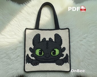 Black Dragon Crochet Tote Bag, Cute Night Fury Inspired Shoulder Bag, Handmade Knit Tote, Cartoon Dragon Purse, Gift for Fantasy Lovers