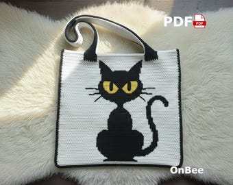 Black Cat Crochet Tote Bag Pattern – Tapestry Crochet PDF (Digital Download)