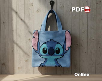 Blue Alien Crochet Tote Bag Pattern, Cartoon Tapestry Graph (PDF Download)