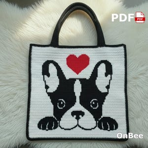 Padrão de Bolsa Tote de Crochê Bulldog Francês (Download em PDF) Bolsa de Crochê Tapeçaria para Amantes de Cachorros