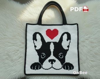 French Bulldog Crochet Tote Pattern (PDF Download) Tapestry Crochet Puppy Lover Bag