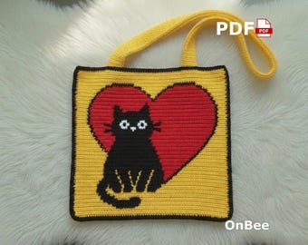 Black Cat Crochet Tote Bag Pattern, Cute Cat Love Purse PDF, Heart Cat Tapestry Crochet Bag, Cat Lover Gift, Handmade Crochet Design