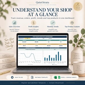 以下が含まれることがあります： ノートパソコンの画面に表示されたEtsy販売分析用のデジタルスプレッドシートテンプレート。ダッシュボードには、総売上、純収益、注文合計、利益率などの指標が表示され、ビジネスデータを視覚化する折れ線グラフや棒グラフが含まれています。