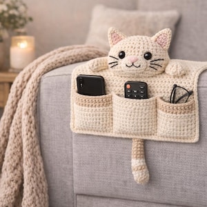 May include: A cream-colored, crocheted cat-shaped organizer with three pockets, holding a phone, remote, and glasses. The cat has pink ears and a pink nose. The organizer is placed on a gray couch arm.