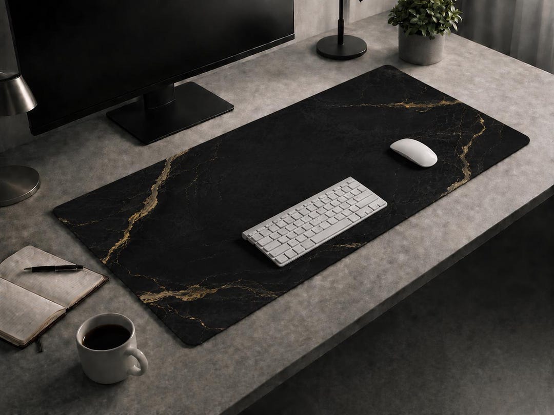 Black Gold Vein Desk Mat, 16x32 Extended Mouse Pad, Dark Marble Office ...