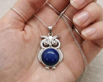Certified Lapis Lazuli Owl Pendant, Natural Blue Healing Crystal Jewellery, Throat Chakra Stone, Sterling Silver Owl Necklace
