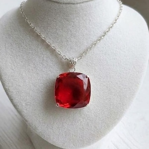 Cushion Cut Burmese Ruby Pendant Necklace for Women 90-100Ct, Deep Red Gemstone Jewelry, Sterling Silver Chain Necklace