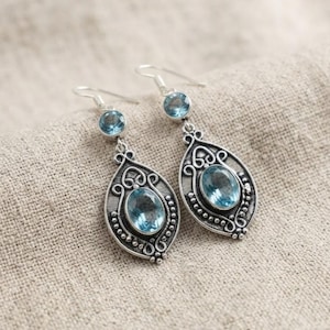 Sky Blue Topaz Earrings, Oval Bezel Set Dangle Drop, Antique Style Filigree Teardrop Earrings, Bridesmaid Wedding Guest Jewelry