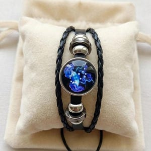 Premium Gemini Zodiac Leather Bracelet, Gemini Constellation Jewelry, Air Sign Bracelet, Handmade Adjustable Black Leather Wrap Cuff