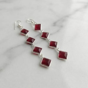 Red Ruby Long Earrings, July Birthstone Gift, Geometric Square Dangle Drop Earrings, Silver Tone Statement Jewelry, Wedding Party Accessory