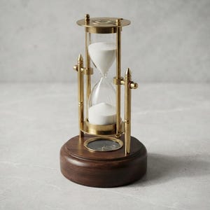 May include: An hourglass featuring a clear glass bulb filled with white sand, encased in a brass frame with vertical supports. The structure is mounted on a circular dark brown wooden base that incorporates a small, circular compass at the center.