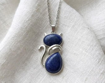 Lapis Lazuli Cat Pendant, Sterling Silver Certified Cat Jewellery, Blue Gemstone Necklace, Third Eye Chakra Crystal, Handmade Cat Lover Gift