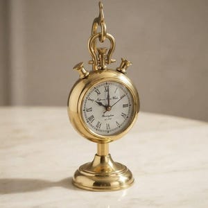 May include: A polished brass table clock with a round face, white dial, and black Roman numerals. The clock features a decorative top loop, two small side knobs, and a circular pedestal base. The dial displays the text Imperial Clock Works.