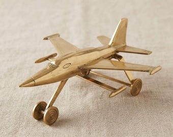Brass Airplane Model Showpiece, Mini Jet Plane Decor with Wheels, Vintage Brass Aircraft Sculpture, Office Desk Decor, Housewarming Gift