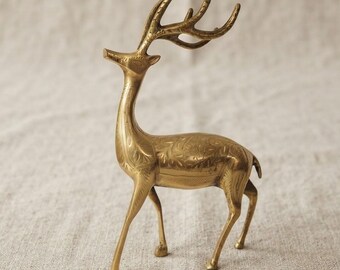Engraved Brass Deer Stag Figurine, Minimal Brass Animal Statue, Bohemian Farmhouse Decor Accent, Desk Decor for Office, Living Room Styling