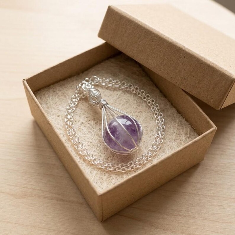 Genuine certified amethyst ball necklace with round crystal design, perfect for meditation, yoga jewelry, and spiritual gift for women.