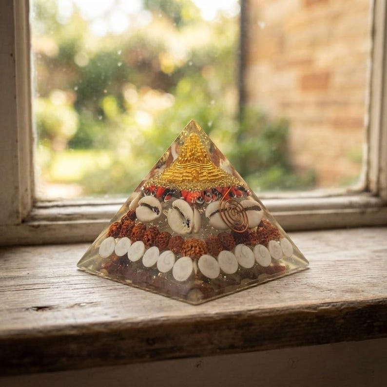 Orgone Pyramid with Buddha Idol, Rudraksha & Copper Spiral, Reiki Meditation Tool for EMF Protection & Chakra Balancing